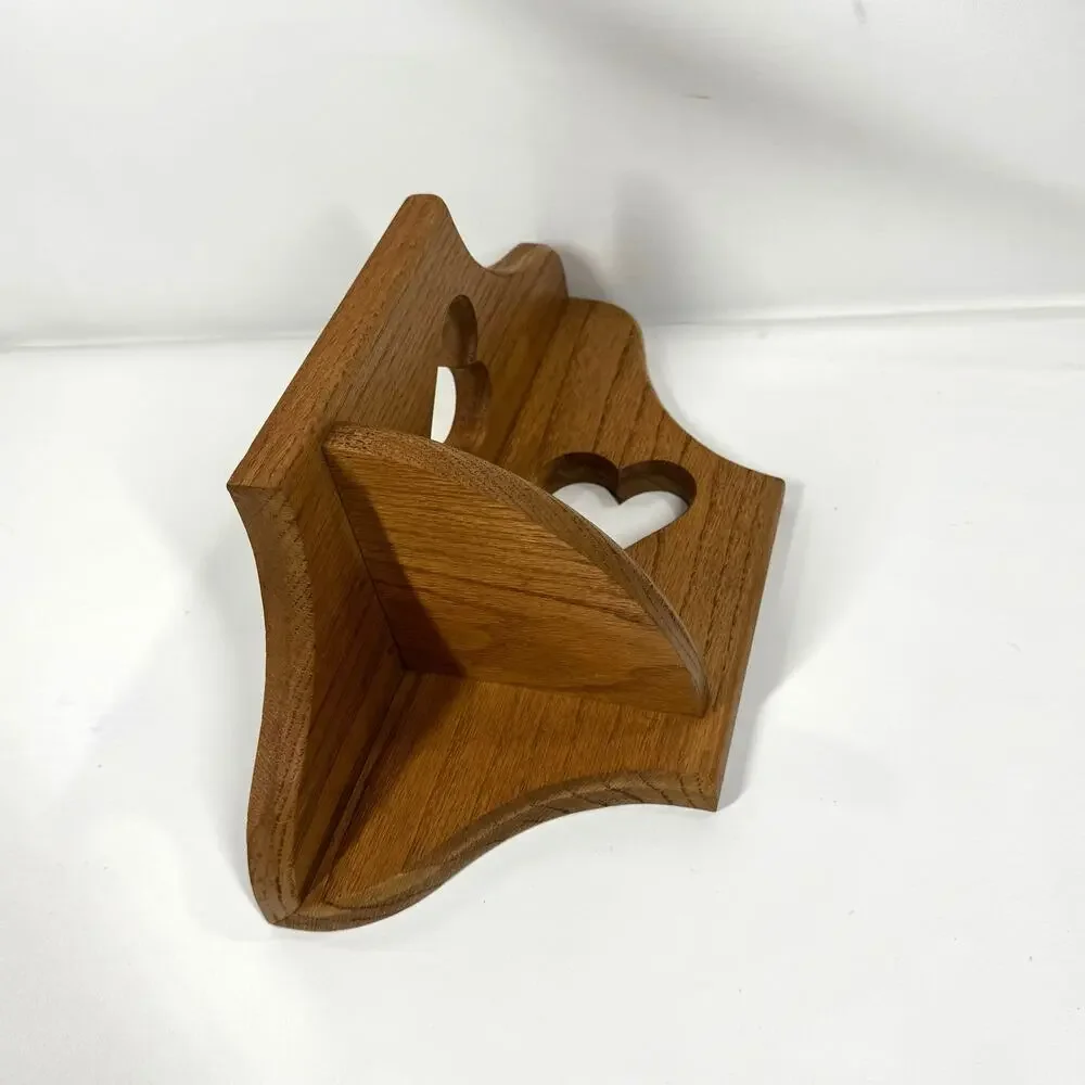Vintage Solid Oak Corner Wall Shelf Heart Cutout Country Farmhouse Rustic